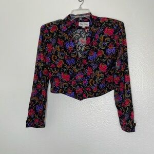 Vintage Paris Blues Floral Cropped Long Sleeve Button Up Top Size Small